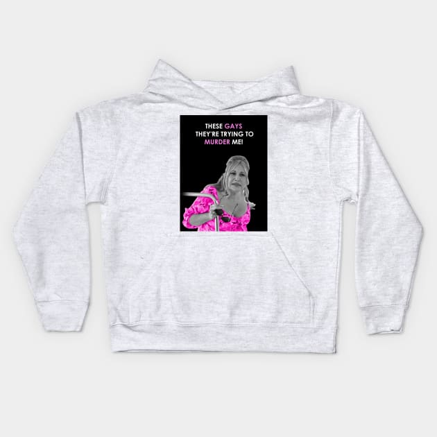 Jennifer Coolidge these gays are trying to murder me (pink version) Kids Hoodie by miyku